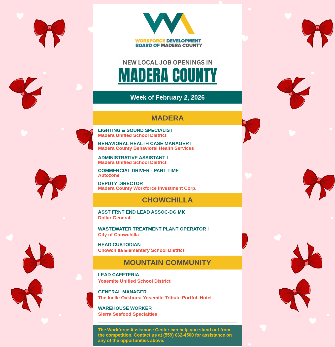 Madera County Weekly Job Board Listing. Week of February 2,2026